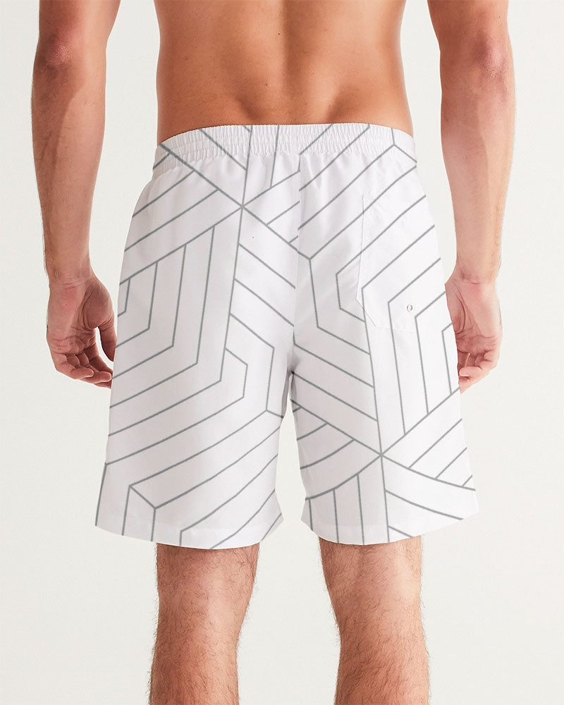 Men's Geo Sense Swim Trunks — bold all-over print by AmbiVirile, detail view