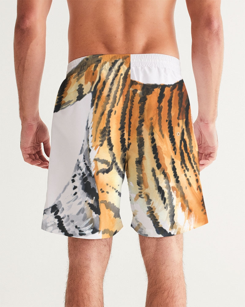Men's Tiger Love Swim Trunks — bold all-over print by AmbiVirile, detail view