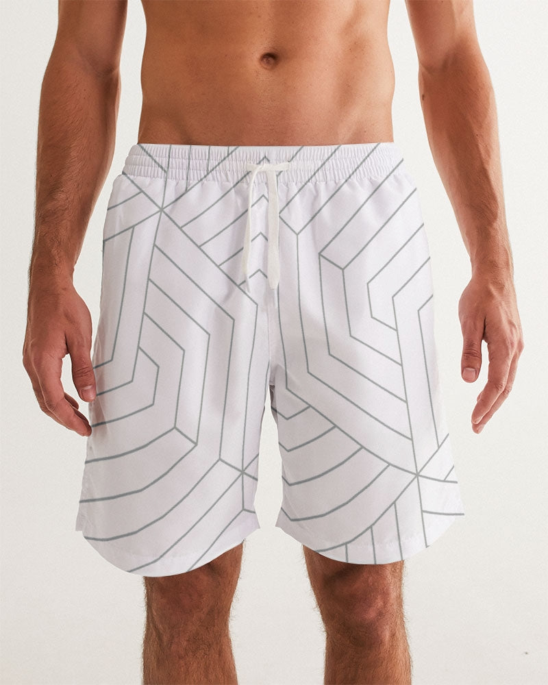 Men's Geo Sense Swim Trunks — bold all-over print by AmbiVirile, front view