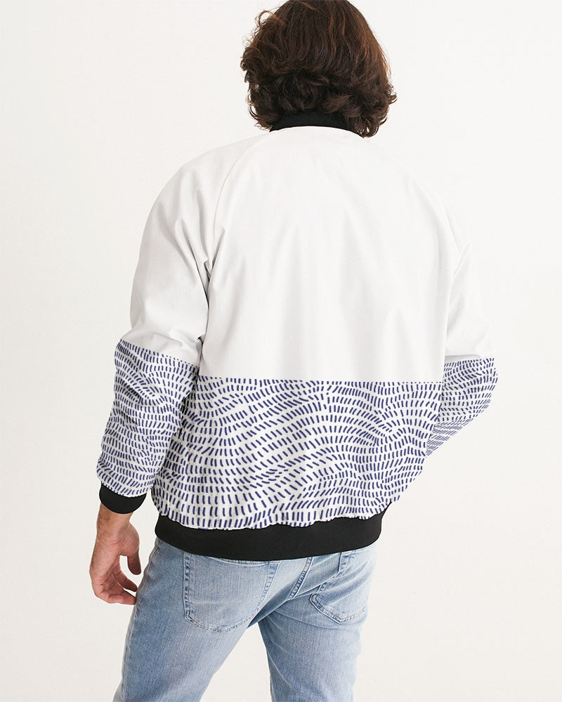 Men's Blue Matter Divide Bomber Jacket — bold all-over print by AmbiVirile, detail view