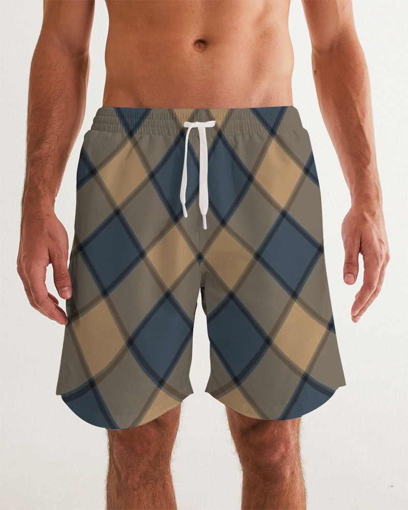 Men's Dark Teal Plaid Swim Trunks — bold all-over print by AmbiVirile, front view