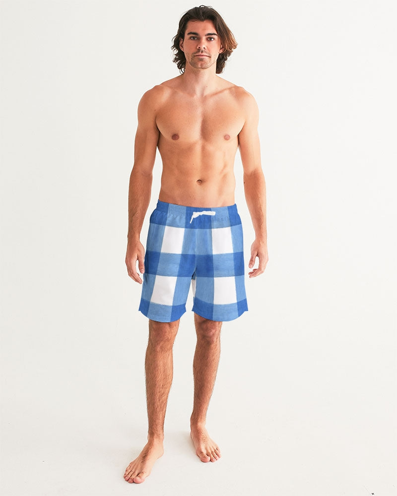 Men's Blue Cube Swim Trunks — bold all-over print by AmbiVirile, back view