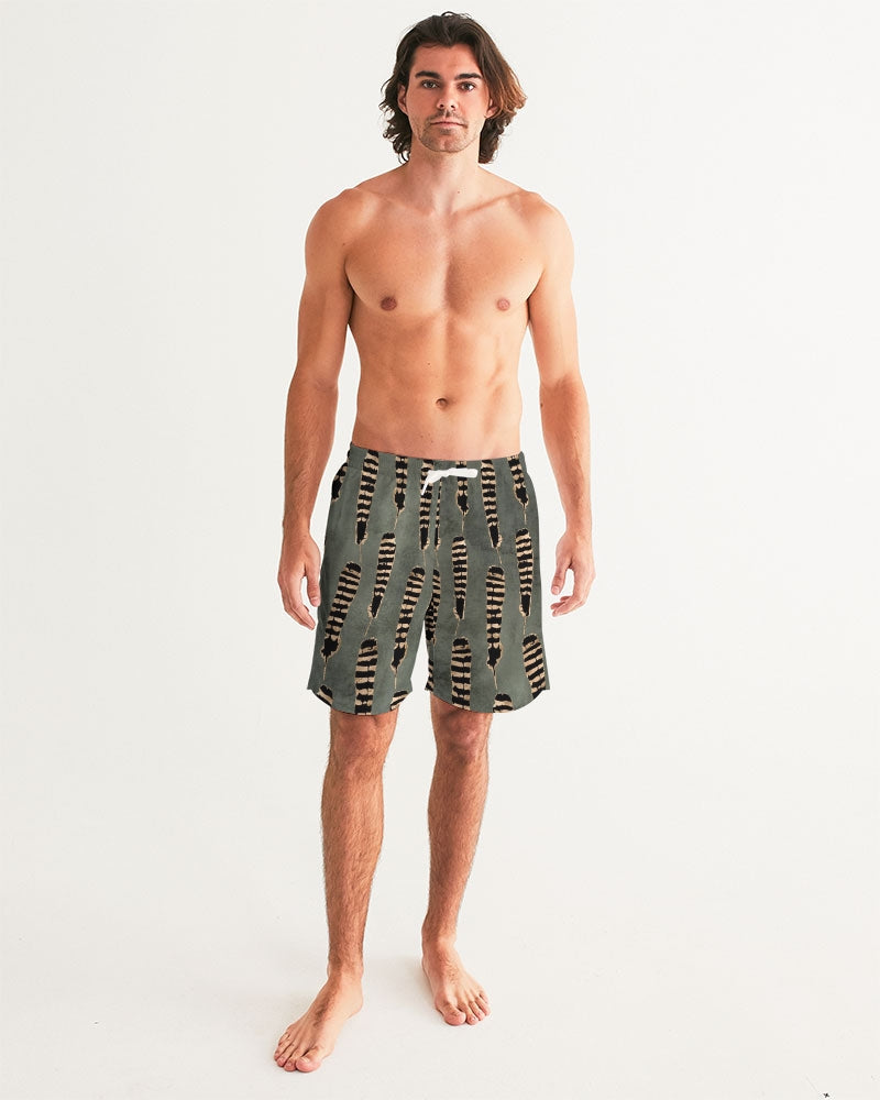 Men's Feather Sense Swim Trunks — bold all-over print by AmbiVirile, back view