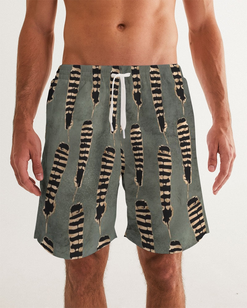 Men's Feather Sense Swim Trunks — bold all-over print by AmbiVirile, front view