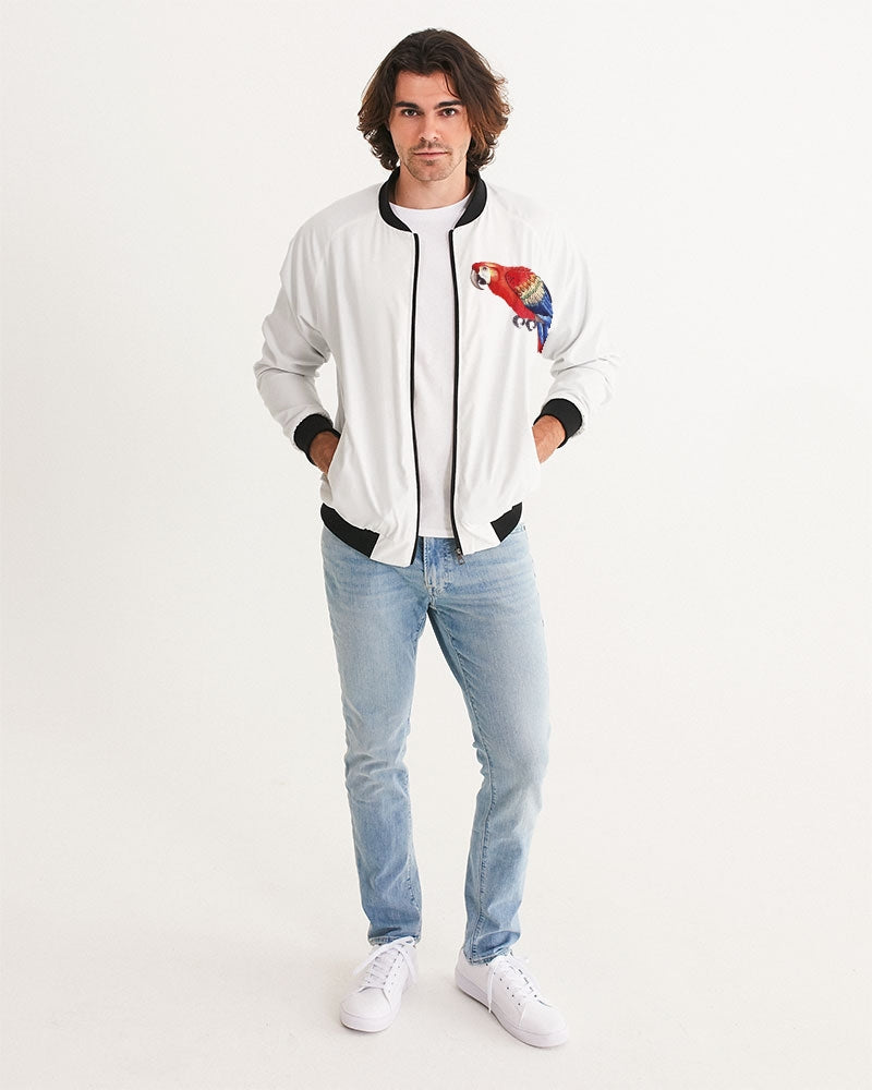 Men's Parrot Love Bomber Jacket — bold all-over print by AmbiVirile, back view