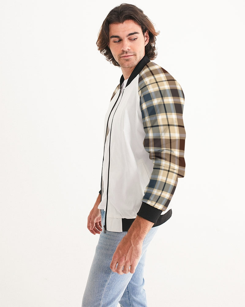 Men's Classic Plaid Brown Bomber Jacket — bold all-over print by AmbiVirile, side view