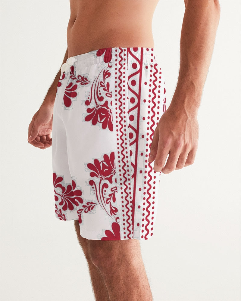 Men's Red Ceramics Swim Trunks — bold all-over print by AmbiVirile, side view