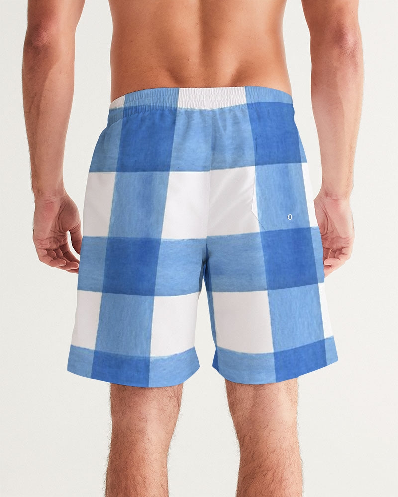Men's Blue Cube Swim Trunks — bold all-over print by AmbiVirile, detail view